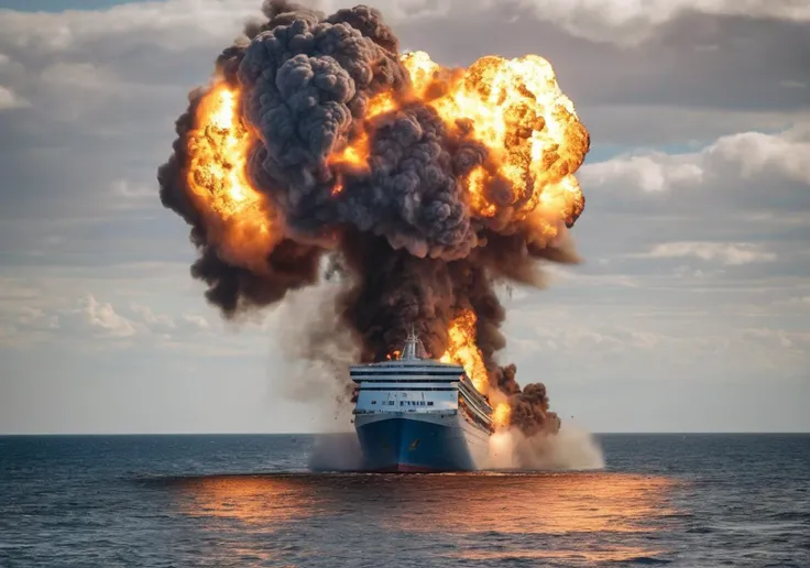 <lora:Explosion Artstyle - Trigger is Explosion Artstyle:1> Abandoned cruise ship drifting listlessly in the pacific ocean, explosion artstyle.