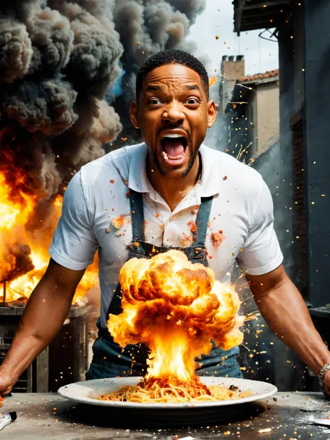 <lora:Explosion Artstyle - Trigger is Explosion Artstyle:1> Explosion Artstyle, closeup portrait photo of will smith eating spaghetti, laughing hysterically inside explosion