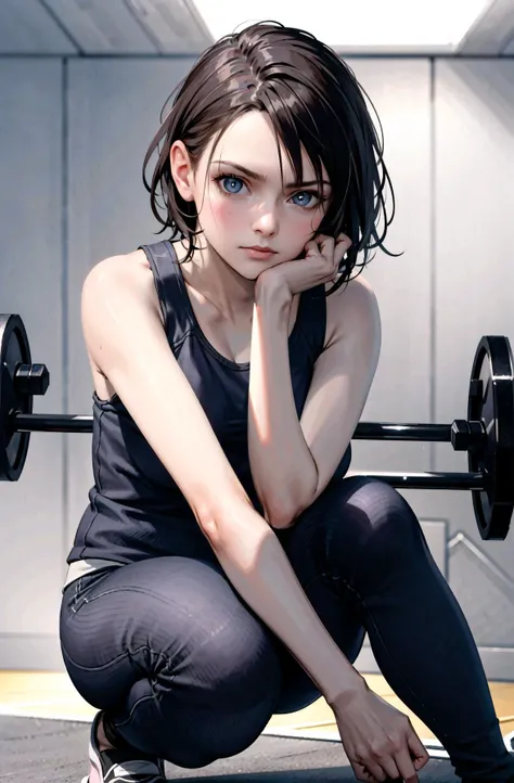 masterpiece, best quality, sharp image, detailed skin,depth of field, dslr photo, realistic, sharp focus, raytracing, piercing gaze,(serious expression, scoff), standing, deep eyes, detailed pupils
gym, tank top, yoga pants, (squat), (barbell)
cinematic lighting, perfect composition, (embarrassed:1.2), brown messy hair,  <lora:sxzJillValentineSashaZotova_sxzJillValentine:0.5>,portrait shot of jillvoth, (blue eyes:0.8),