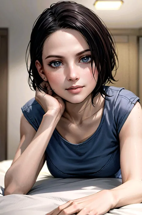 masterpiece, best quality, sharp image, detailed skin,depth of field, dslr photo, realistic, sharp focus, raytracing, piercing gaze, loving smile, deep eyes, detailed pupils
bedroom, lying on bed (lying on stomach), oversized t-shirt, panties, (POV), resting head against hand, legs up, feet visible
cinematic lighting, perfect composition, (embarrassed:1.2), brown messy hair, <lora:sxzJillValentineSashaZotova_sxzJillValentine:0.55>,portrait shot of jillvoth, (blue eyes:0.8), toned muscles