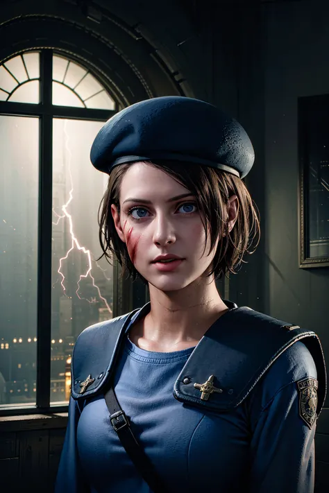 1girl, portrait of jillvoth, beret, shoulder pads, blue military uniform, shirt, (blood on face), scared, afraid, parted lips, old mansion indoors, window, lightning, thunder, volumetric lighting, best quality, masterpiece, intricate details, tonemapping, sharp focus, hyper detailed, trending on Artstation, realistic, <lora:sxz-jill-valentine-v3:0.6> <lora:to8contrast style ContrastFix_sd15:0.6>