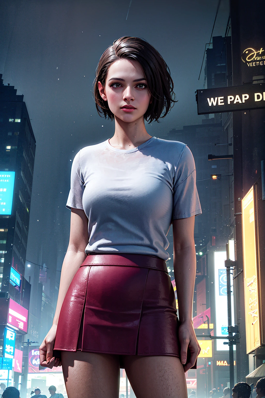 1girl, cowboy shot of zotovalentine, white shirt, red skirt, athletic, city, night, neon, rain, volumetric lighting, best quality, masterpiece, intricate details, tonemapping, sharp focus, hyper detailed, trending on Artstation, realistic, <lora:sxz-jill-valentine-v3:0.6>