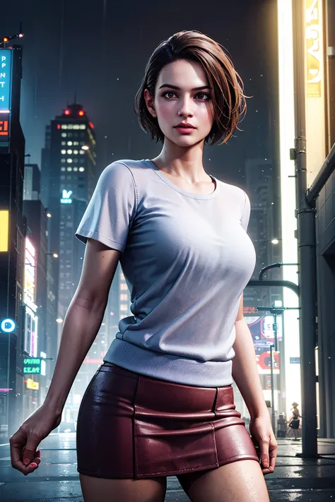 1girl, cowboy shot of zotovalentine, white shirt, red skirt, athletic, city, night, neon, rain, volumetric lighting, best quality, masterpiece, intricate details, tonemapping, sharp focus, hyper detailed, trending on Artstation, realistic, <lora:sxz-jill-valentine-v3:0.6>