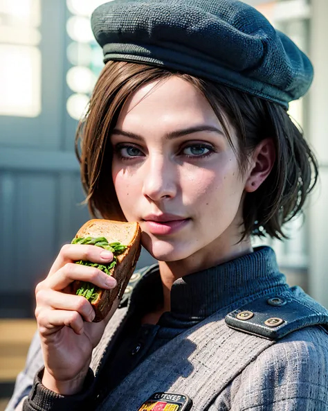 1girl, portrait of jillvoth, eating sandwich, smile, beret, blue military uniform, athletic, volumetric lighting, best quality, masterpiece, intricate details, tonemapping, sharp focus, hyper detailed, trending on Artstation, realistic, <lora:sxz-jill-valentine-v3:0.6>