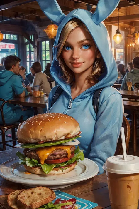 penny, blue eyes, bunny onesie, looking at viewer, serious, smiling, upper body shot, sitting, behind a table, inside restaurant,table full of food, hamburger, disposable cup, crowd, soft lighting, high quality, masterpiece, <lora:Bunny BrawlerPennyLoRA:.8>