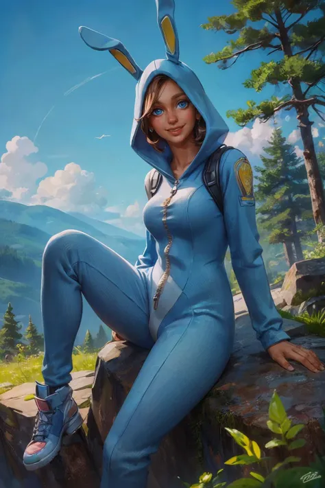 penny, blue eyes, bunny onesie, looking at viewer, smiling, sitting, on rock, outside, forest, trees, blue sky, high quality, masterpiece <lora:Bunny BrawlerPennyLoRA:.8>