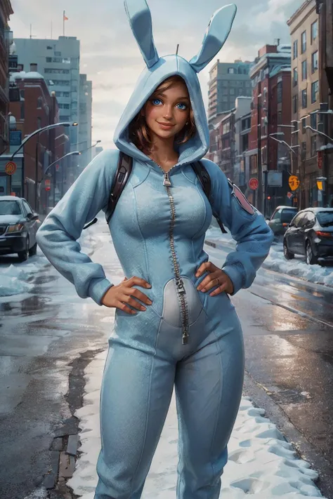 penny, blue eyes, bunny onesie, looking at viewer, smiling, standing, hands on hips, outside, city, street, traffic, snow, overcast, high quality, masterpiece, <lora:Bunny BrawlerPennyLoRA:.8>