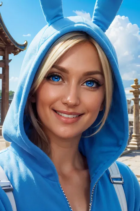 penny, blue eyes, bunny onesie, looking at viewer, smiling, close up portriat, outside, temple, ruins, blue sky, high quality, masterpiece, <lora:Bunny BrawlerPennyLoRA:.8>