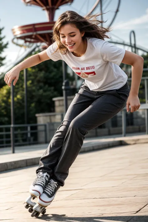 full body,from below,photo of a 18 year old girl,skating,happy,laughing,(looking at viewer:1.3),shirt,pants,messy hair,floating hair,outdoor,windy,theme park,ray tracing,detail shadow,shot on Fujifilm X-T4,85mm f1.2,sharp focus,depth of field,blurry background,bokeh,motion blur,<lora:add_detail:1>,