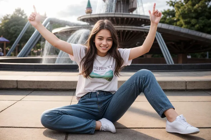 full body,photo of a 18 year old girl,sitting,happy,laughing,shirt,pants,outdoor,windy,theme park,ray tracing,detail shadow,shot on Fujifilm X-T4,85mm f1.2,sharp focus,depth of field,blurry background,bokeh,lens flare,motion blur,<lora:add_detail:1>,