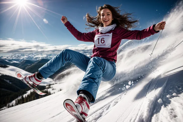 full body,from below,photo of a 18 year old girl,skiing,jumping over camera,happy,laughing,shirt,pants,messy hair,floating hair,outdoor,windy,snow,mountain,ray tracing,detail shadow,shot on Fujifilm X-T4,85mm f1.2,sharp focus,depth of field,blurry background,bokeh,motion blur,<lora:add_detail:1>,