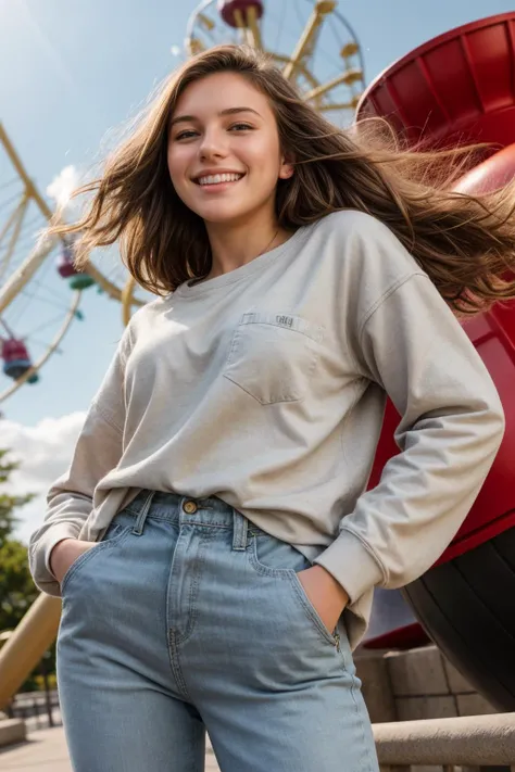 full body,from below,photo of a 18 year old girl,hands in pocket,happy,laughing,messy hair,floating hair,outdoor,windy,theme park,ray tracing,detail shadow,shot on Fujifilm X-T4,85mm f1.2,sharp focus,depth of field,blurry background,bokeh,motion blur,<lora:add_detail:1>,