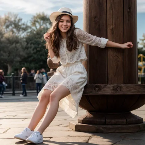 full body,photo of a 18 year old girl,sitting,happy,laughing,looking at viewer,bare hands,outdoor,windy,theme park,ray tracing,detail shadow,shot on Fujifilm X-T4,85mm f1.2,sharp focus,depth of field,blurry background,bokeh,lens flare,motion blur,<lora:add_detail:1>,