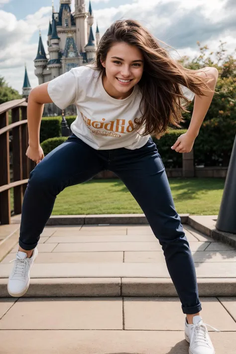 full body,photo of a 18 year old girl,leaning forward,happy,laughing,shirt,pants,messy hair,floating hair,outdoor,windy,theme park,ray tracing,detail shadow,shot on Fujifilm X-T4,85mm f1.2,sharp focus,depth of field,blurry background,bokeh,motion blur,<lora:add_detail:1>,