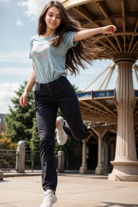 full body,photo of a 18 year old girl,balancing,happy,messy hair,floating hair,shirt,pants,outdoor,windy,theme park,ray tracing,detail shadow,shot on Fujifilm X-T4,85mm f1.2,sharp focus,depth of field,blurry background,bokeh,motion blur,<lora:add_detail:1>,