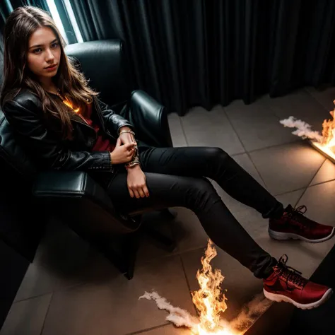 full body,from above,photo of a 18 year old girl,sitting on a throne of fire,annoyed,looking at viewer,(glowing eyes:1.3),bare hands,outdoor,windy,burning city,thunder storm,ray tracing,detail shadow,shot on Fujifilm X-T4,85mm f1.2,sharp focus,depth of field,blurry background,bokeh,lens flare,motion blur,<lora:add_detail:1>,