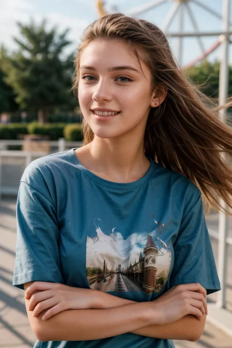 photo of a 18 year old girl,arm crossed,happy,messy hair,floating hair,shirt,outdoor,windy,theme park,ray tracing,detail shadow,shot on Fujifilm X-T4,85mm f1.2,sharp focus,depth of field,blurry background,bokeh,motion blur,<lora:add_detail:1>,