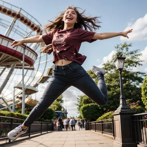 full body,from below,photo of a 18 year old girl,jumping in the air,happy,laughing,shirt,pants,messy hair,floating hair,outdoor,windy,theme park,ray tracing,detail shadow,shot on Fujifilm X-T4,85mm f1.2,sharp focus,depth of field,blurry background,bokeh,motion blur,<lora:add_detail:1>,