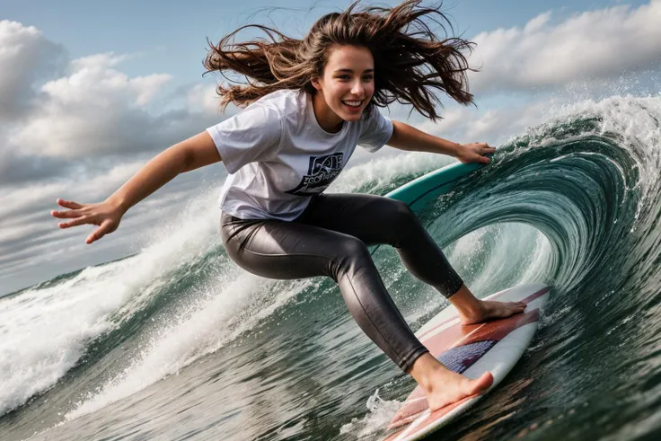 full body,photo of a 18 year old girl,surfing,happy,laughing,shirt,pants,messy hair,floating hair,bare hands,outdoor,windy,huge waves,ray tracing,detail shadow,shot on Fujifilm X-T4,85mm f1.2,sharp focus,depth of field,blurry background,bokeh,motion blur,<lora:add_detail:1>,