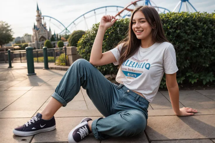 full body,photo of a 18 year old girl,sitting,happy,laughing,shirt,pants,outdoor,windy,theme park,ray tracing,detail shadow,shot on Fujifilm X-T4,85mm f1.2,sharp focus,depth of field,blurry background,bokeh,lens flare,motion blur,<lora:add_detail:1>,