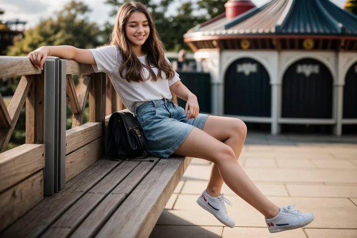 full body,photo of a 18 year old girl,sitting,happy,laughing,outdoor,windy,theme park,ray tracing,detail shadow,shot on Fujifilm X-T4,85mm f1.2,sharp focus,depth of field,blurry background,bokeh,lens flare,motion blur,<lora:add_detail:1>,