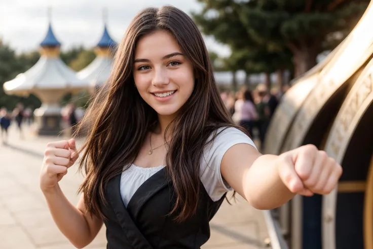 full body,photo of a 18 year old girl,fist bumping,happy,laughing,bare hands,outdoor,windy,theme park,ray tracing,detail shadow,shot on Fujifilm X-T4,85mm f1.2,sharp focus,depth of field,blurry background,bokeh,motion blur,<lora:add_detail:1>,