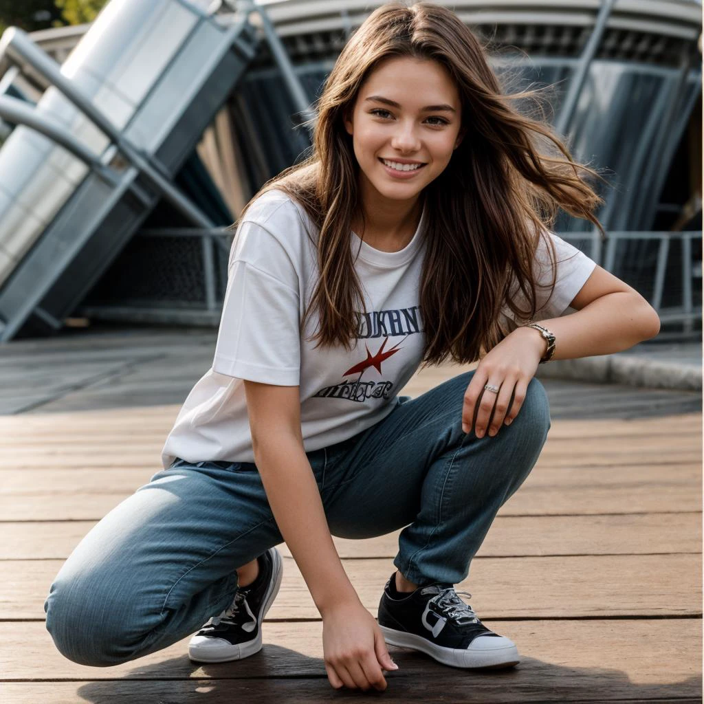full body,from below,photo of a 18 year old girl,kneeling,happy,laughing,shirt,pants,messy hair,floating hair,outdoor,windy,theme park,ray tracing,detail shadow,shot on Fujifilm X-T4,85mm f1.2,sharp focus,depth of field,blurry background,bokeh,motion blur,<lora:add_detail:1>,