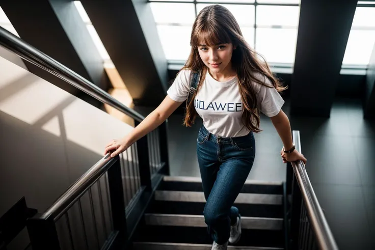 full body,(from above:1.3),photo of a 18 year old girl,walking-up-stairs-of-a-station-straight-looking-at-viewer,happy,shirt,pants,ray tracing,detail shadow,shot on Fujifilm X-T4,85mm f1.2,sharp focus,depth of field,blurry background,bokeh,motion blur,motion lines,<lora:add_detail:1>,