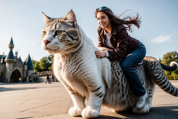 full body,photo of a 18 year old girl,riding on a oversized cat,jumping in the air,happy,outdoor,windy,theme park,ray tracing,detail shadow,shot on Fujifilm X-T4,85mm f1.2,sharp focus,depth of field,blurry background,bokeh,motion blur,motion lines,<lora:add_detail:1>,