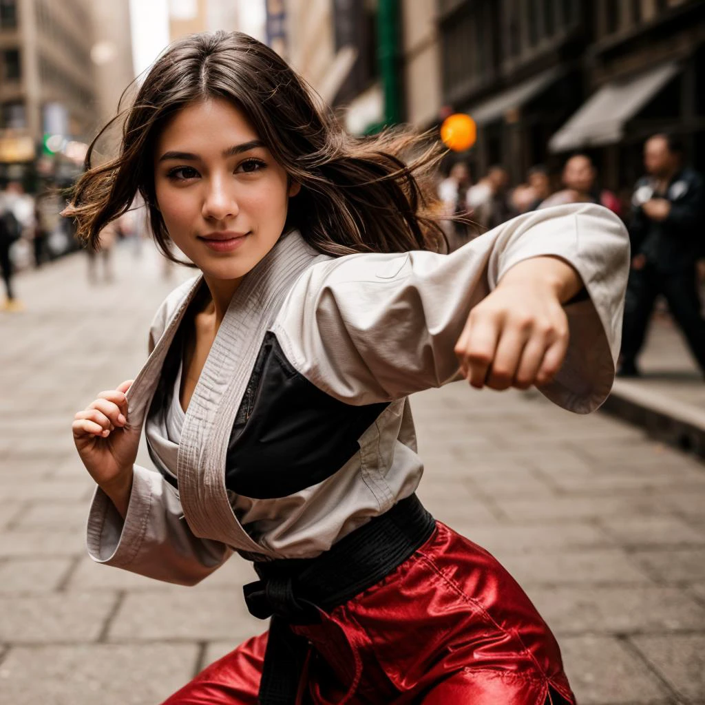 full body,from below,photo of a 18 year old girl,practicing martial arts,happy,looking at viewer,brown eyes,martial arts suit,outdoor,windy,crowded street,New York City,ray tracing,detail shadow,shot on Fujifilm X-T4,14mm f1.8,sharp focus,depth of field,blurry background,bokeh,motion blur,<lora:add_detail:1>,