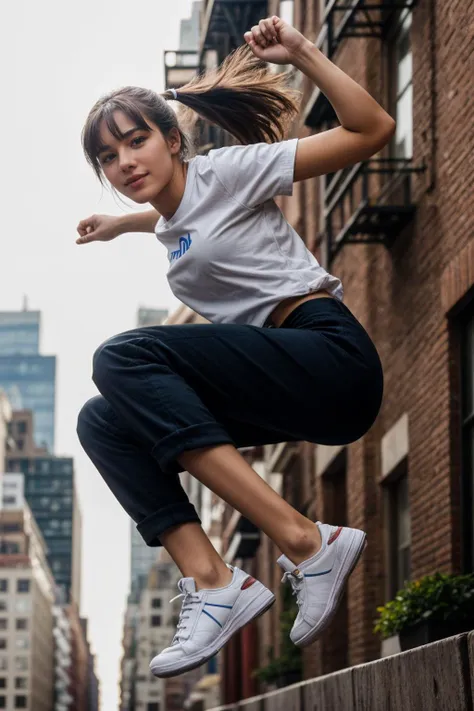 full body,from below,photo of a 18 year old girl,parkour,happy,looking at viewer,shirt,pants,shoes,outdoor,windy,crowded street,New York City,ray tracing,detail shadow,shot on Fujifilm X-T4,14mm f1.8,sharp focus,depth of field,blurry background,bokeh,motion blur,<lora:add_detail:1>,