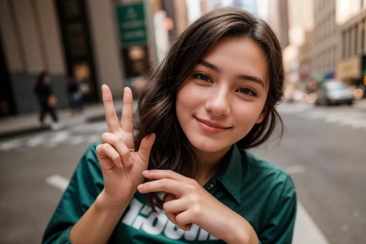 photo of a 18 year old girl,happy,looking at viewer,(shirt:1.2),(pants:1.2),outdoor,windy,street,crowded,new york city,ray tracing,detail shadow,shot on Fujifilm X-T4,85mm f1.2,sharp focus,depth of field,blurry background,bokeh,motion blur,<lora:add_detail:1>,