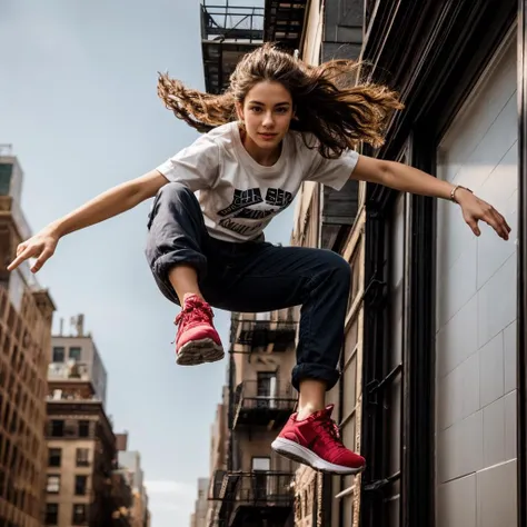 full body,from below,photo of a 18 year old girl,parkour,happy,looking at viewer,shirt,pants,shoes,outdoor,windy,crowded street,New York City,ray tracing,detail shadow,shot on Fujifilm X-T4,14mm f1.8,sharp focus,depth of field,blurry background,bokeh,motion blur,<lora:add_detail:1>,