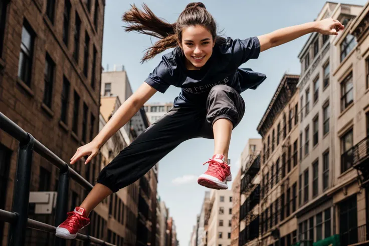 full body,from below,photo of a 18 year old girl,parkour,happy,looking at viewer,shirt,pants,shoes,outdoor,windy,crowded street,New York City,ray tracing,detail shadow,shot on Fujifilm X-T4,14mm f1.8,sharp focus,depth of field,blurry background,bokeh,motion blur,<lora:add_detail:1>,