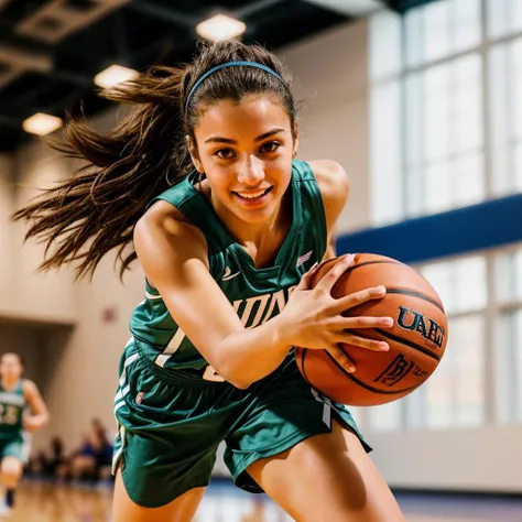 photo of a 18 year old girl,basketball player,running,get past someone in a basketball game,happy,ray tracing,detail shadow,shot on Fujifilm X-T4,85mm f1.2,sharp focus,depth of field,blurry background,blurry foreground,bokeh,motion blur,<lora:add_detail:1>,