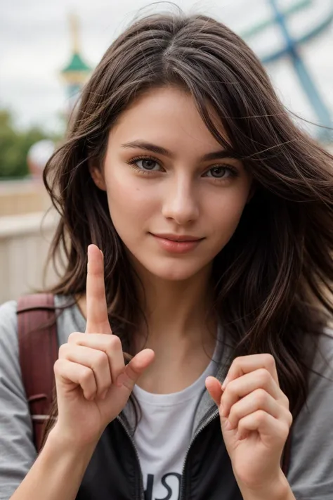 full body,photo of a 18 year old girl,pointing at viewer,happy,messy hair,floating hair,shirt,pants,outdoor,windy,theme park,ray tracing,detail shadow,shot on Fujifilm X-T4,85mm f1.2,sharp focus,depth of field,blurry background,bokeh,motion blur,motion lines,<lora:add_detail:1>,