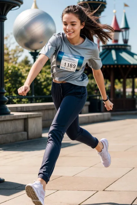 full body,photo of a 18 year old girl,running,happy,shirt,pants,outdoor,windy,theme park,ray tracing,detail shadow,shot on Fujifilm X-T4,85mm f1.2,sharp focus,depth of field,blurry background,bokeh,motion blur,motion lines,<lora:add_detail:1>,