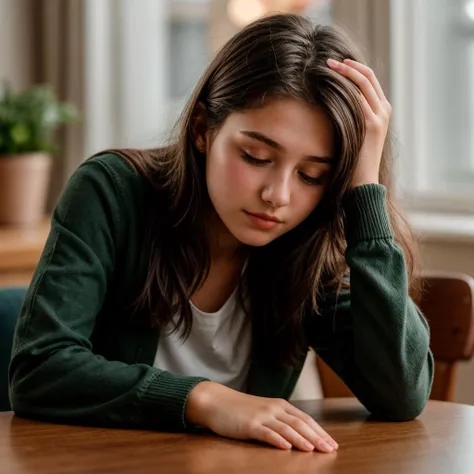 photo of a 18 year old girl,rest her head and arms on the table,ray tracing,detail shadow,shot on Fujifilm X-T4,85mm f1.2,sharp focus,depth of field,blurry background,bokeh,motion blur,motion lines,<lora:add_detail:1>,