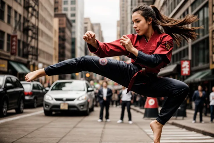 full body,photo of a 18 year old girl,practicing martial arts,flying kick,happy,looking at viewer,martial arts suit,outdoor,windy,crowded street,New York City,ray tracing,detail shadow,shot on Fujifilm X-T4,14mm f1.8,sharp focus,depth of field,blurry background,bokeh,motion blur,<lora:add_detail:1>,