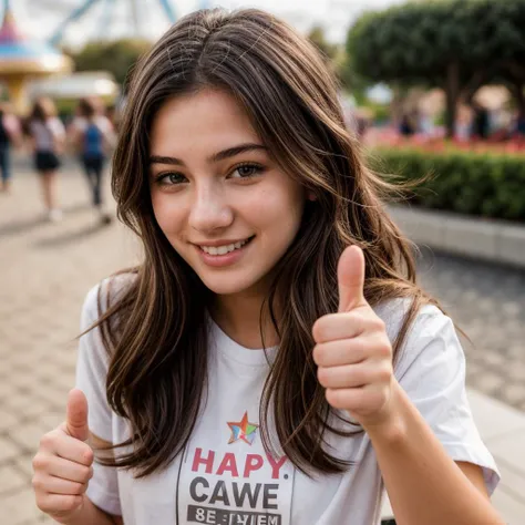 photo of a 18 year old girl,thumbs up,happy,shirt,outdoor,windy,theme park,ray tracing,detail shadow,shot on Fujifilm X-T4,85mm f1.2,sharp focus,depth of field,blurry background,bokeh,motion blur,motion lines,<lora:add_detail:1>,