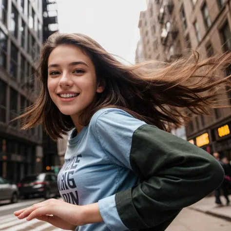 from below,photo of a 18 year old girl,dancing,happy,looking at viewer,(shirt:1.2),(pants:1.2),outdoor,windy,street,crowded,new york city,ray tracing,detail shadow,shot on Fujifilm X-T4,85mm f1.2,sharp focus,depth of field,blurry background,bokeh,motion blur,<lora:add_detail:1>,