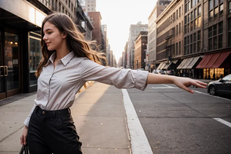 photo of a 18 year old girl,happy,(bare hands:1.2),shirt,pants,outdoor,windy,street,crowded,new york city,ray tracing,detail shadow,shot on Fujifilm X-T4,85mm f1.2,sharp focus,depth of field,blurry background,bokeh,motion blur,<lora:add_detail:1>,