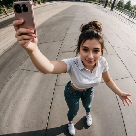 selfie,full body,from above,hyper realistic gopro action photo of a 18 year old girl,happy,looking at viewer,shirt,pants,shoes,outdoor,windy,in a themepark,ray tracing,detail shadow,shot on Fujifilm X-T4,85mm f1.2,sharp focus,depth of field,blurry background,bokeh,<lora:add_detail:1>,