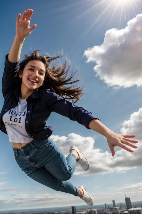 full body,from above,photo of a 18 year old girl,diving from the sky,happy,laughing,shirt,pants,shoes,windy,blue sky,white cloud,ray tracing,detail shadow,shot on Fujifilm X-T4,85mm f1.2,sharp focus,depth of field,blurry background,bokeh,motion blur,<lora:add_detail:1>,