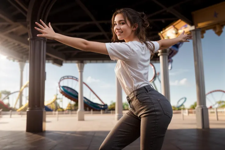 full body,from side and behind,photo of a 18 year old girl,looking at viewer,dancing,happy,bare hands,shirt,pants,outdoor,windy,(theme park:1.3),ray tracing,detail shadow,shot on Fujifilm X-T4,85mm f1.2,depth of field,blurry background,bokeh,motion blur,<lora:add_detail:1>,