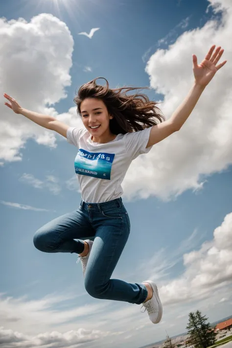full body,from above,photo of a 18 year old girl,diving from the sky,happy,laughing,shirt,pants,shoes,windy,blue sky,white cloud,ray tracing,detail shadow,shot on Fujifilm X-T4,85mm f1.2,sharp focus,depth of field,blurry background,bokeh,motion blur,<lora:add_detail:1>,