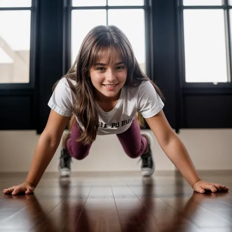 full body,from below,photo of a 18 year old girl,practicing push-up,happy,shirt,pants,ray tracing,detail shadow,shot on Fujifilm X-T4,85mm f1.2,sharp focus,depth of field,blurry background,blurry foreground,bokeh,motion blur,<lora:add_detail:1>,