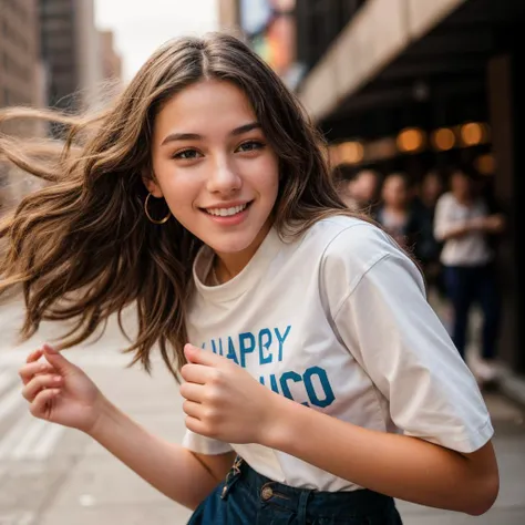 photo of a 18 year old girl,dancing,happy,looking at viewer,(shirt:1.2),(pants:1.2),outdoor,windy,street,crowded,new york city,ray tracing,detail shadow,shot on Fujifilm X-T4,85mm f1.2,sharp focus,depth of field,blurry background,bokeh,motion blur,<lora:add_detail:1>,