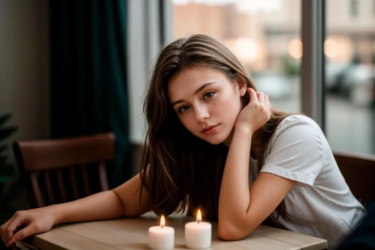 photo of a 18 year old girl,rest her head and arms on the table,ray tracing,detail shadow,shot on Fujifilm X-T4,85mm f1.2,sharp focus,depth of field,blurry background,bokeh,motion blur,motion lines,<lora:add_detail:1>,