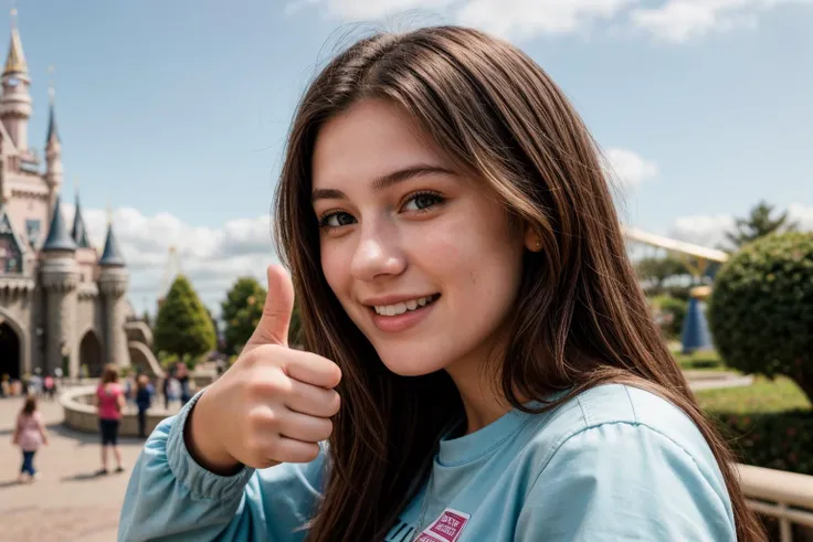 photo of a 18 year old girl,thumbs up,happy,shirt,outdoor,windy,theme park,ray tracing,detail shadow,shot on Fujifilm X-T4,85mm f1.2,sharp focus,depth of field,blurry background,bokeh,motion blur,motion lines,<lora:add_detail:1>,